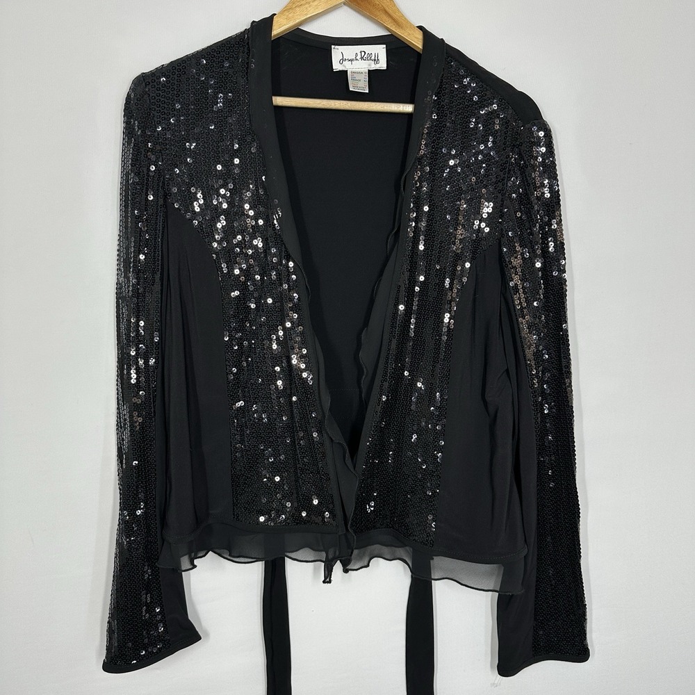 Joseph Ribkoff black sequin open front cardigan Chiffon Size 12 Party Jacket